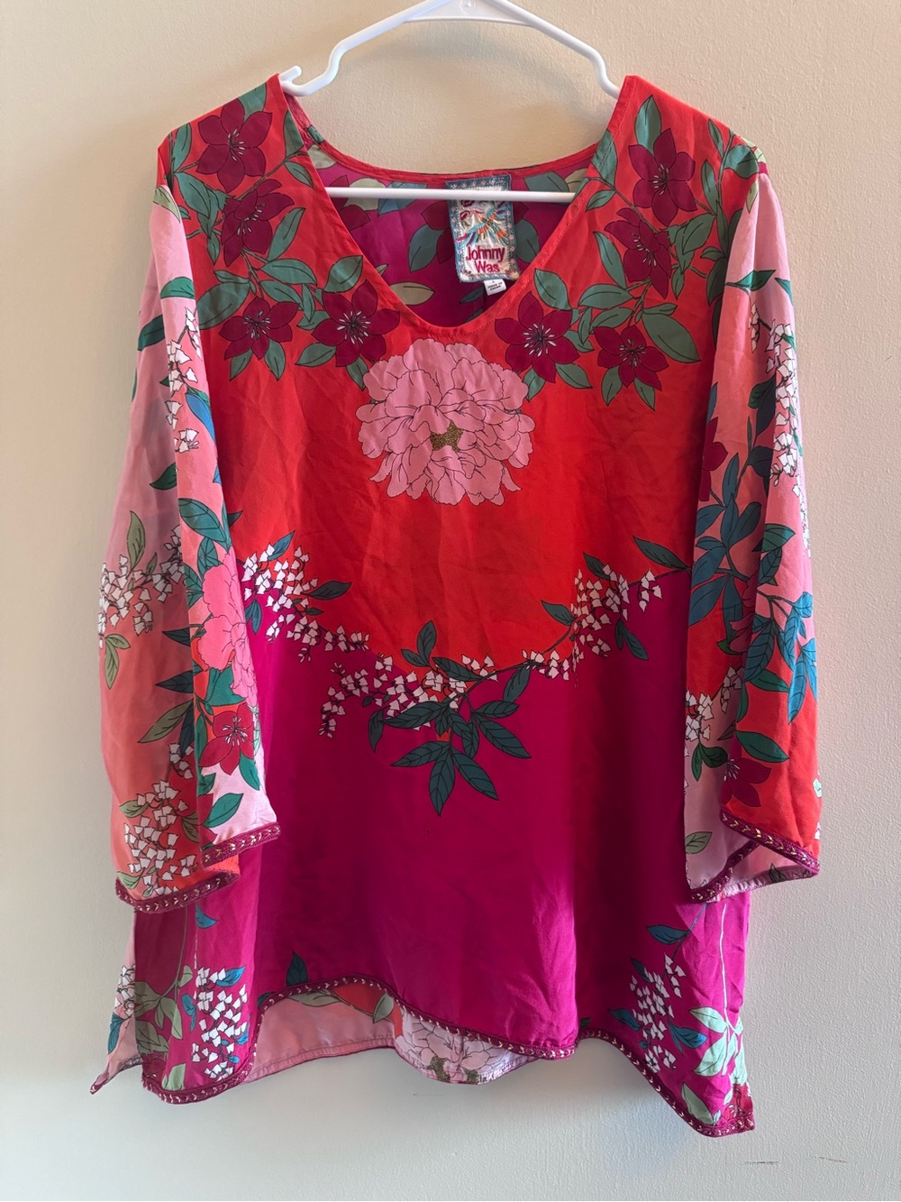 Johnny Was L 100% Silk Floral Tunic Blouse Boho Pink Red Flowy Top